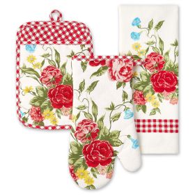 Sweet Rose 3-Piece Kitchen Set: Kitchen Towel, Oven Mitt Pot Holder