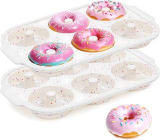 2 Pcs Silicone Donut Pan for Baking with Metal Reinforced Frame Nonstick 6 Cavity Donut Molds Doughnut Tray 3.25 Inch Large Bagel Molds(Cream)