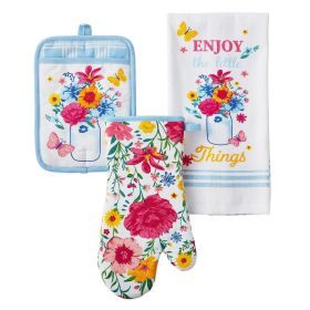 Flowering Frontier Kitchen Towel, Oven Mitt Pot Holder Set, Multicolor, 3 Pieces