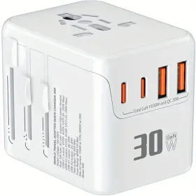 30W GaN Universal Travel Adapter - 2 USB-A + 2 USB-C | Supports Laptops/Hair Dryers | European & Worldwide Plug Adapter | UK/US/AU Compatible (Option: WhitePD30W)