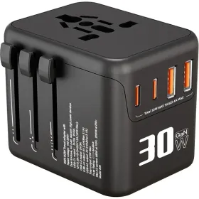 30W GaN Universal Travel Adapter - 2 USB-A + 2 USB-C | Supports Laptops/Hair Dryers | European & Worldwide Plug Adapter | UK/US/AU Compatible (Option: BlackPD30W)